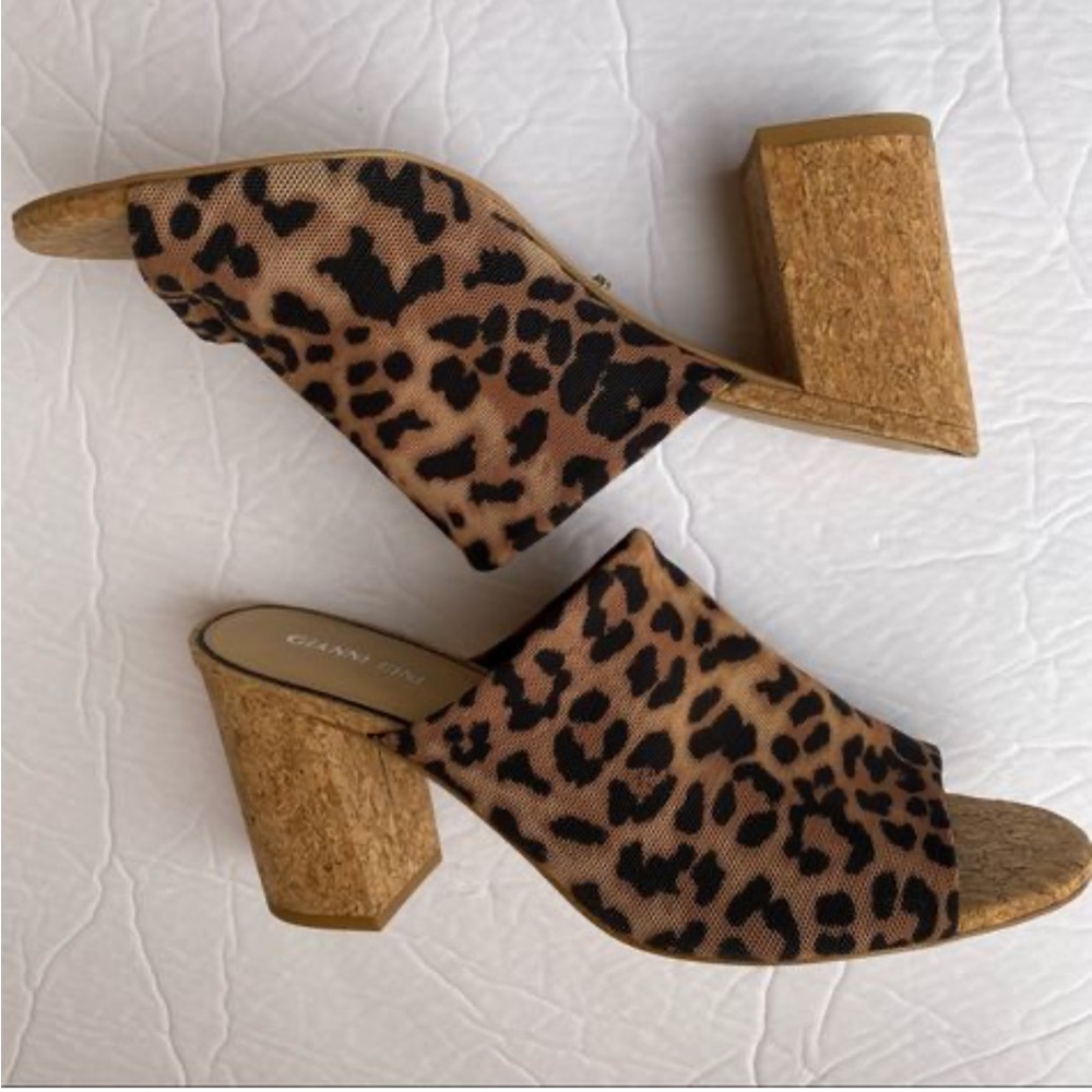 GIANNI BINI WEDGE HEEL SLIDES CHEETAH ANIMAL PRINT MESH UPPER WOMEN'S SIZE 5.5